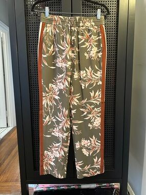 Joie Olive Drawstring Silky Pants with Rust and Blush Floral Print